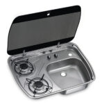 Combinatie chiuveta-aragaz 2 flacari,din otel inoxidabil cu capac din sticla 600x445 mm, HSG2445